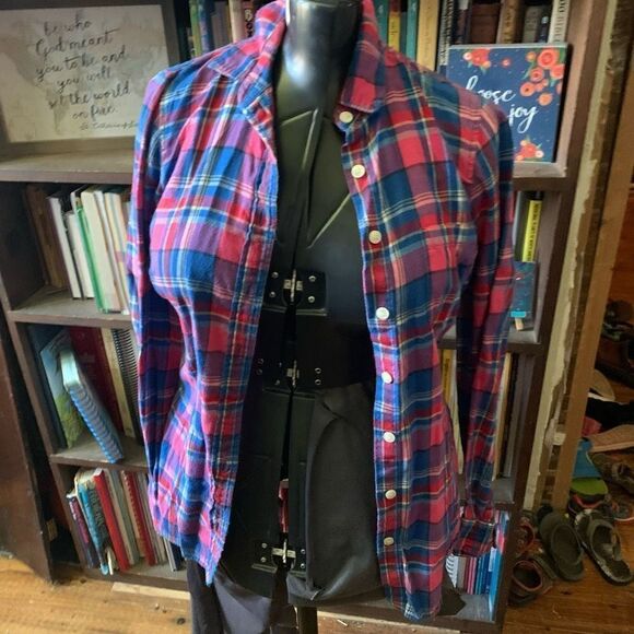 J Crew red tartan plaid business casual XS button down shirt - Picture 1 of 3